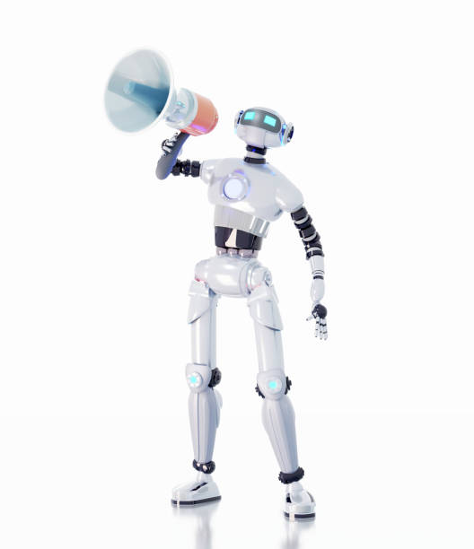 istock RobotsWhite robot speaks with loudspeakers. Technology and computer science concept. 3D rendering illustration 1474386186