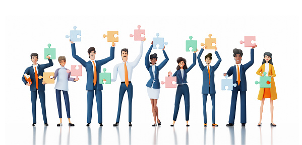 Business people stay in line and holding puzzle pieces up. Working together.  3D rendering illustration