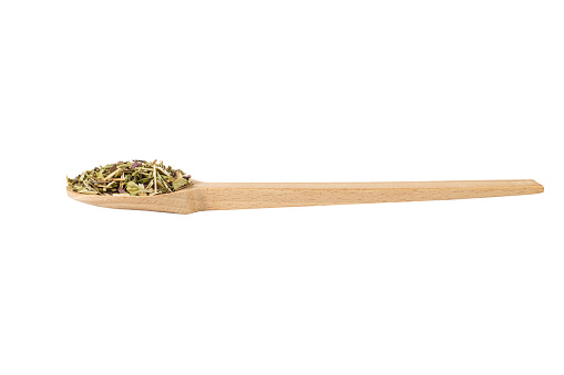 Catnip herb in latin - Nepeta cataria on wooden spoon isolated on white background. Medicinal herb.