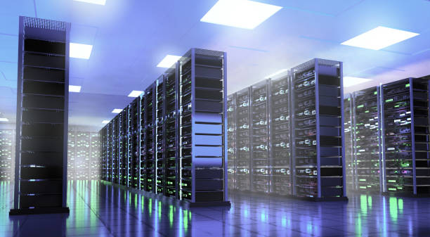 istock Big Modern server room, data centre or mining farm interior with beautiful neon lights reflections. Big bata, internet, security, personal information, business storage. 3D rendering illustration 1474387282