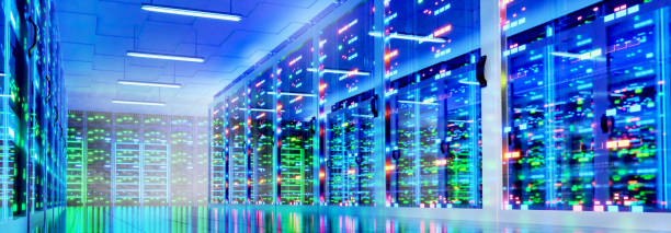 istock Wide panorama of Big Modern server room, data centre or mining farm interior with beautiful neon lights reflections.  3D rendering illustration 1474387319