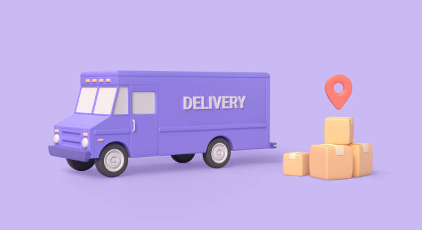 istock 3d parcel delivery van, cardboard boxes. fast delivery service concept. illustration isolated on purple background. 3d rendering 1474387368
