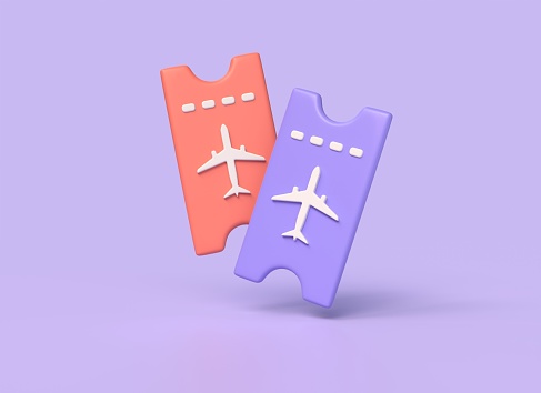 3d airline passenger plane ticket. travel or tourism concept. planning holidays and booking tickets. illustration isolated on purple background.3d rendering
