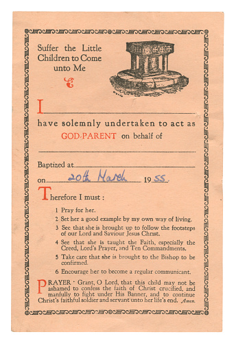 A certificate given to a godparent in relation to a baby girl who was baptised in 1955. (All identifying details have been removed.)