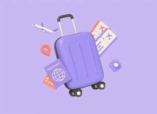 Photo of 3d suitcase, plane tickets, credit card and passport. travel and tourism concept. summer holiday planning. illustration isolated on purple background. 3d rendering