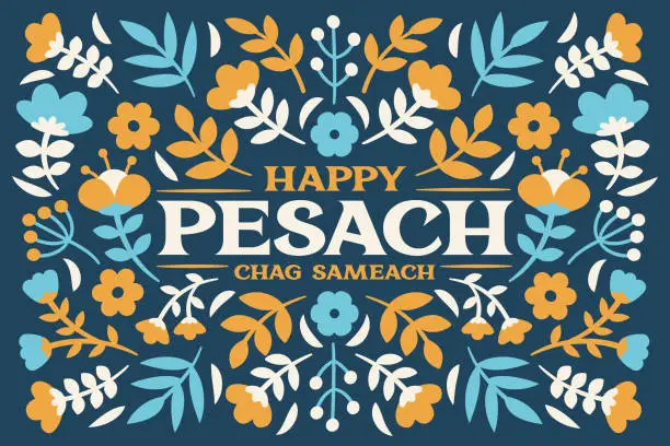 Vector illustration of Floral Passover Greeting card - dark background - v4