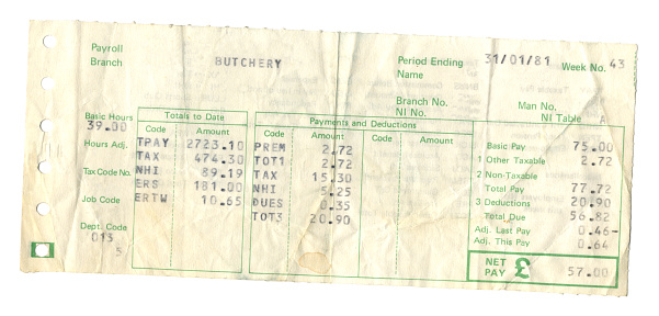 A dirty and crumpled payslip for an employee of a butchery department dated 1981 with a list of deductions from the basic pay, leaving the employee with £57.00 for the week. (All identifying details removed.)