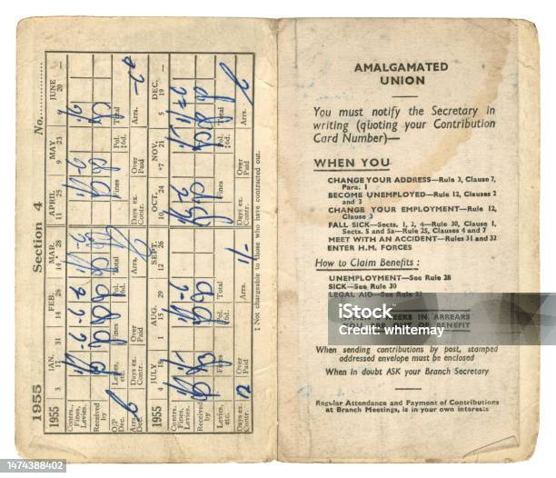 Open Trade Union Card 1955 Stock Photo - Download Image Now - Old Book, ID Card, Old-fashioned