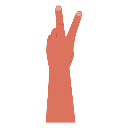 Cartoon Male hand showing victoria gesture. Peace sign with fingers. Vector isolated flat illustration.