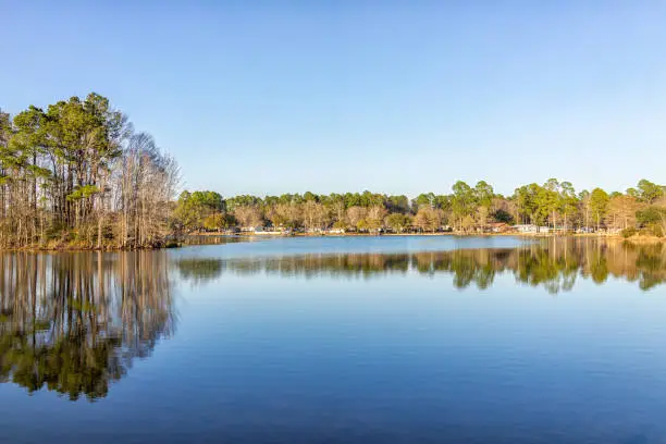 Photo of Eutawville, South Carolina sunset near Lake Marion with waterfront houses and docks water landscape view at Fountain lake in spring evening with nobody and pine trees