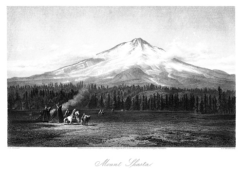 Teepees and Native Americans on horseback at the base of Mount Shasta, Northern California, USA. Steel and  wood engravings, published 1872. This edition edited by William Cullen Bryant is in my private collection. Copyright is in public domain.