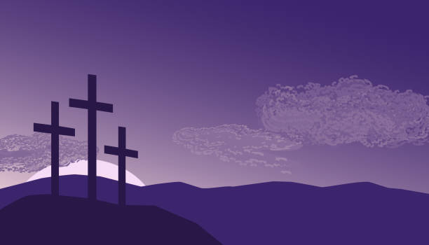 Crosses on hill religion holiday vector background Crosses on faith hill religion holiday vector background. Lenten season Christian symbol. Sacrament biblical church cross. Catholic bible Holy week design element. Religion sign template illustration good friday stock illustrations