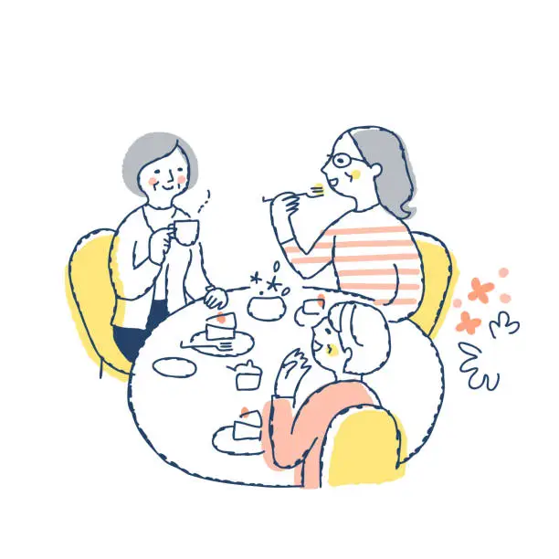Vector illustration of Three women enjoying tea around a table