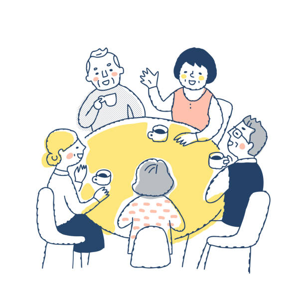 Senior men and women enjoying tea peacefully around the table Tea, coffee, tea time, conversation, communication, men and women, friends, elderly people old man smiling stock illustrations