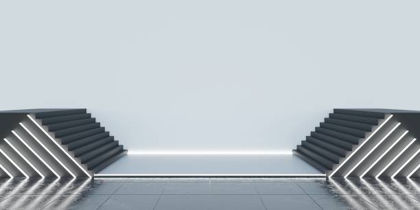 istock modern neon stage technology showroom laser light scene Science fiction 3D illustration 1474397290