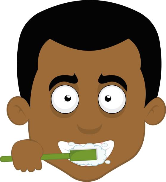 vector head man brush teeth toothbrush vector illustration face of a man cartoon brushing his teeth with a toothbrush black man brushing teeth stock illustrations