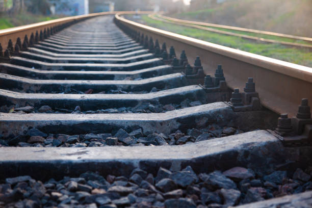 istock Railway tracks from a low point of view, close-up. 1474403672