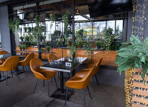 Chairs at table with comfortable chairs and round table in modern cafe with green plants and lights