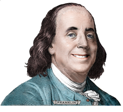 Benjamin Franklin smiling on 100 dollar banknote for design purpose