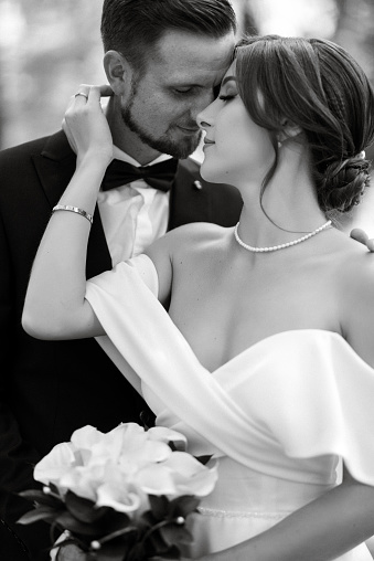 beautiful newlyweds hug by the trees in the park. bride and groom on a walk in nature. tenderness and romance in relationships. wedding planner services. open-air ceremony.