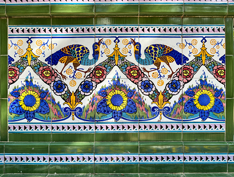 Spanish colorful decorative ceramic tiles, close-up
