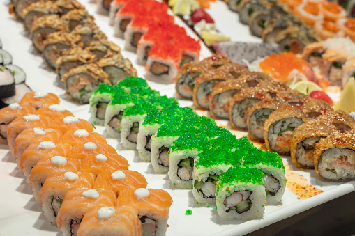 Sushi Rolls Buffet. Japanese food image.