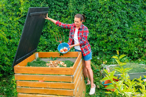 istock Food waste in a compost bin. A woman in a plaid shirt throws kitchen waste into a DIY compost bin. Aging of compost for its introduction into the soil to improve its structure and fertility. 1474410847