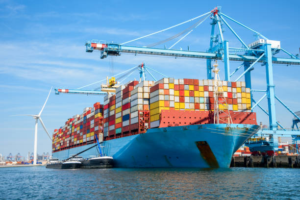 grande nave portacontainer in porto in una limpida giornata estiva - harbor commercial dock shipping container foto e immagini stock