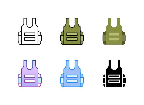 Vector illustration of Body armor icon. 6 Different styles. Editable stroke.