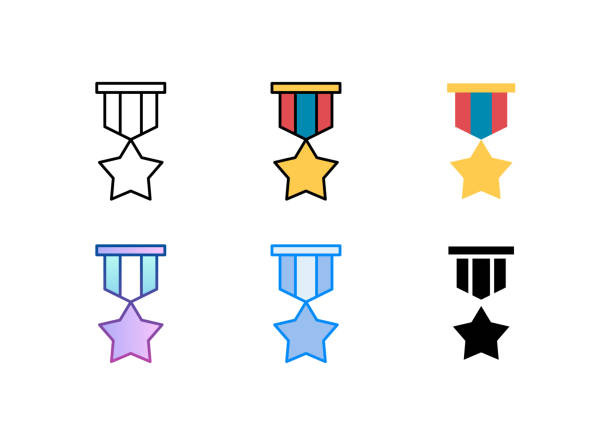 ilustraciones, imágenes clip art, dibujos animados e iconos de stock de medalla. icono del premio del ejército. 6 estilos diferentes. trazo editable. - medal star shape war award