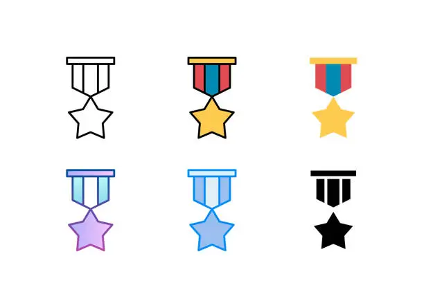 Vector illustration of Medal. Army award icon. 6 Different styles. Editable stroke.