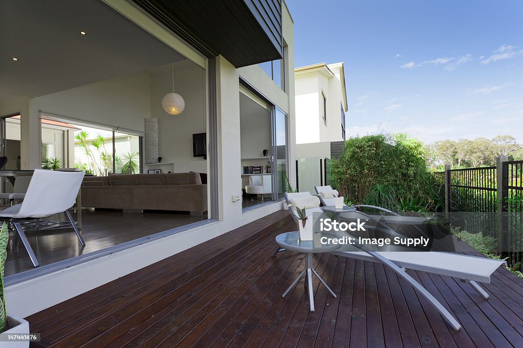 Outdoor deck Wooden outdoor deck in modern Australian mansion Elegance Stock Photo