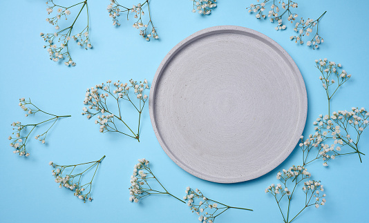 An empty gray round decorative plate on a blue background, around a gypsophila branch. View from above
