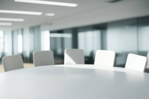 abstract blurred interior of a empty conference room. suitable as background for business concept. computer generated image - conference room sign imagens e fotografias de stock