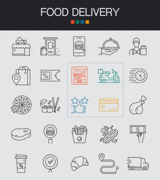 Vector illustration of Food Delivery Line Icons Editable Stroke. Courier , Grocery Delivery , Order Line , Online Food Order , Cash On Delivery