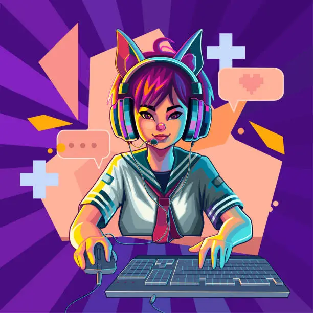 Vector illustration of Asian girl gamer or streamer with cat ears headset sits in front of a computer