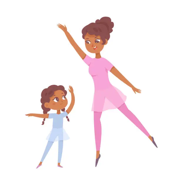 Vector illustration of Mother teaching daughter to dance in ballet class, mom and girl in ballerina dresses