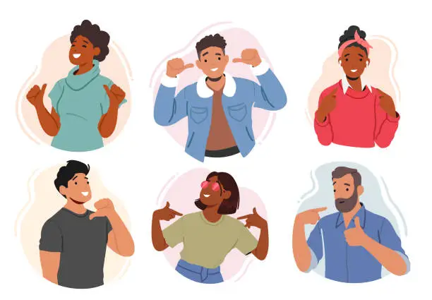 Vector illustration of Set of Enthusiastic Male and Female Characters Pointing Towards Themselves With Sense Of Pride And Accomplishment
