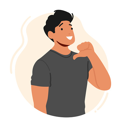 Confident Man Pointing At Himself With A Big Smile, Radiating Positivity And Self-assurance. Male Character Promoting Self-esteem, Self-help, Motivation, Personal Branding. Cartoon Vector Illustration