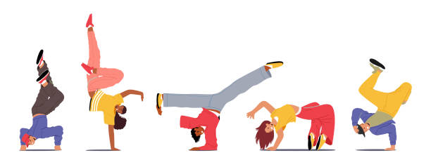 Street Dancers Men and Women Caught in Different Movement Poses. Concept for Urban Fashion Trends, Dance-related Product Street Dancers Men and Women Caught in Different Movement Poses. Concept for Urban Fashion Trends, Dance-related Products Or Events with Teen Characters Dancing. Cartoon People Vector Illustration breakdance stock illustrations