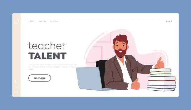 Vector illustration of Teacher Talent Landing Page Template. Male Character Smiling And Showing Thumb Up Sitting at Desk with Laptop and Books