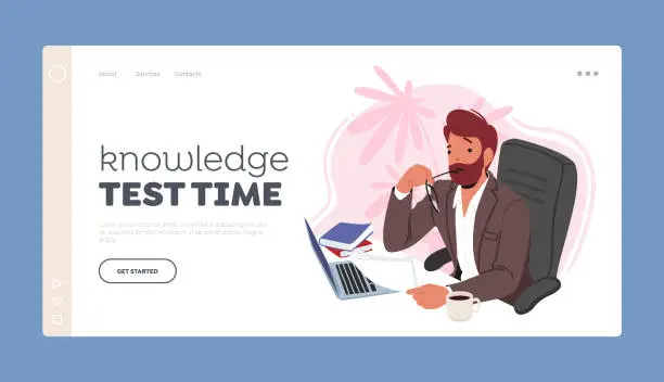 Vector illustration of Knowledge Test Time Landing Page Template. Thoughtful Male Teacher Character With Laptop, Engrossed In Reading Paper