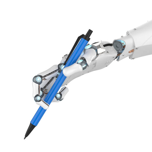 istock Ai art generator with robot writing assistant or essay generator hand hold pen 1474438858
