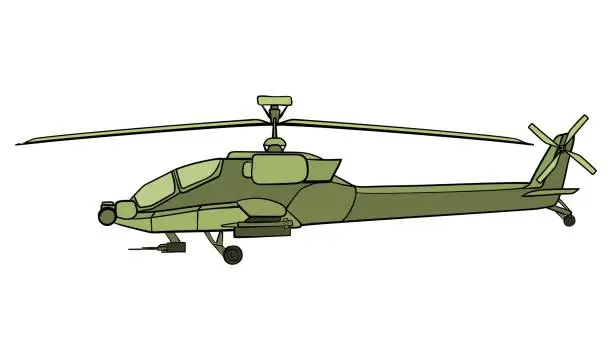 Vector illustration of Military helicopter in flat style. Boeing AH-64 Apache. Doodle side view.