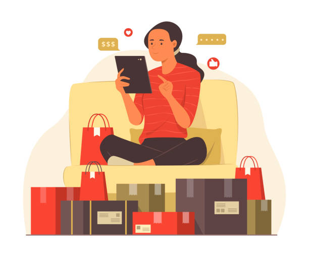 WomanOnline Shopping on Tablet Young woman sitting on sofa and enjoy with online shopping on tablet groups of teens stock illustrations