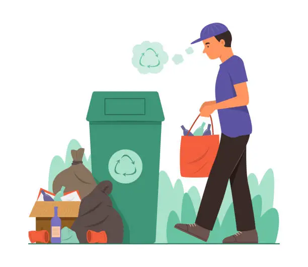 Vector illustration of Man Holding Garbage Bag for Littering for Recycle Concept Illustration