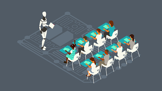 A robot teacher leads a class of eight children sitting in elementary school desks, illustrating the concept of AI-powered education. Illustration uses a unified palette of neutral and turquoise colors, comprised of vector shapes over a dark gray background on a 16x9 artboard, and presented in isometric view.