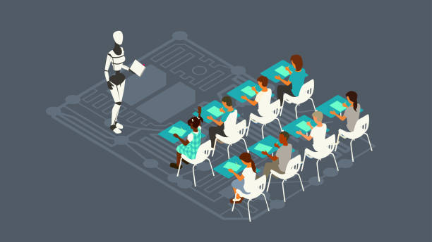 AI robot teacher A robot teacher leads a class of eight children sitting in elementary school desks, illustrating the concept of AI-powered education. Illustration uses a unified palette of neutral and turquoise colors, comprised of vector shapes over a dark gray background on a 16x9 artboard, and presented in isometric view. child robot class stock illustrations