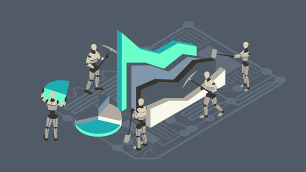 Data mining robots Five robots gather around 3d data visualizations using pick axes, a hammer, and a shovel, illustrating the concept of data mining being performed by artificial intelligence. Illustration uses a unified palette of neutral and turquoise colors, comprised of vector shapes over a dark gray background on a 16x9 artboard, and presented in isometric view. Robotics Market Analysis: Trends, Opportunities, and Forecast stock illustrations