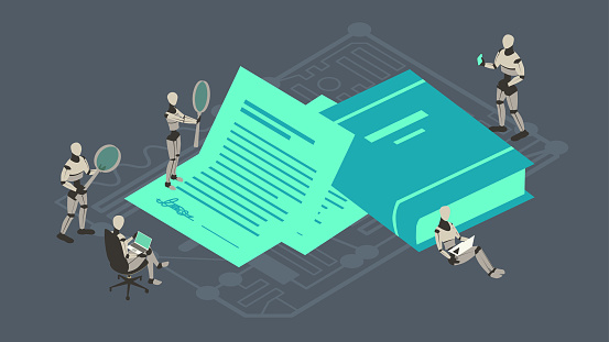 Five robots gather around an oversized contract and hardcover law book using their own laptops, a tablet, and oversized magnifying glasses, illustrating the concept of law or paralegal work being performed by artificial intelligence. Illustration uses a unified palette of neutral and turquoise colors, comprised of vector shapes over a dark gray background on a 16x9 artboard, and presented in isometric view.